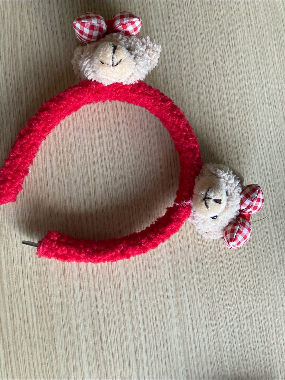 Cute Red Plush Bear Headband with Gingham Bows for Kids